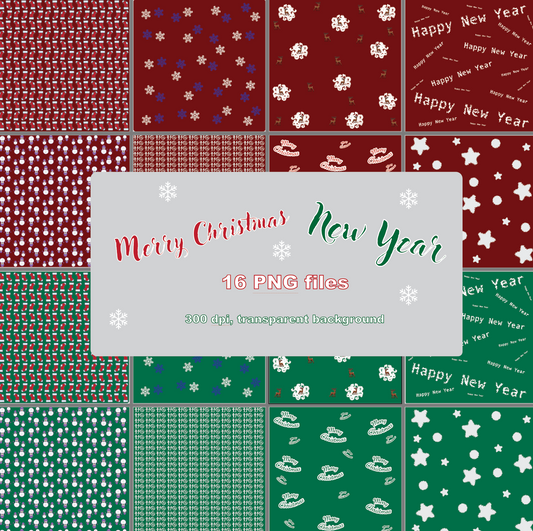 Merry Christmas, Happy New Year, digital paper,16 png files(zip), 300 DPI, transparent background